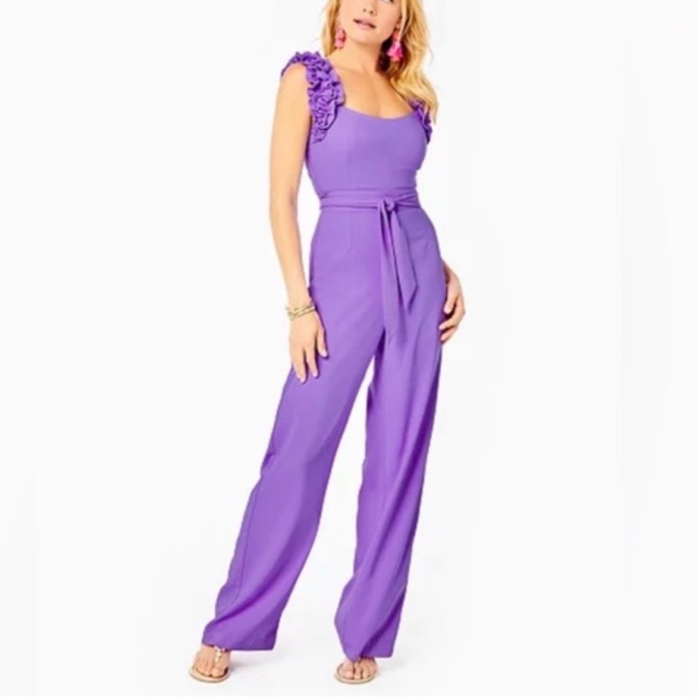 Lilly Pulitzer Zima Sleeveless Lavender Ruffle-Strap Jumpsuit 14 - Picture 2 of 10